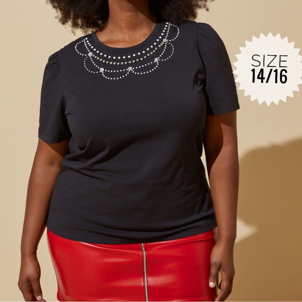 Plus ASHLEY STEWART Black Embellished Faux Pearls. Puff Sleeved Tee 14/16